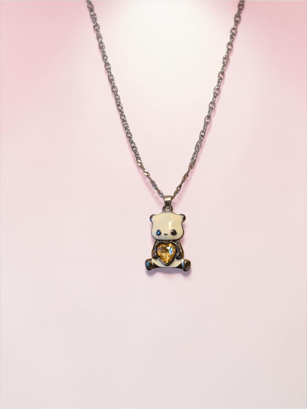 Cream Enamel Panda Pendant Necklace with Gold Heart Crystal - Picture 2 of 3